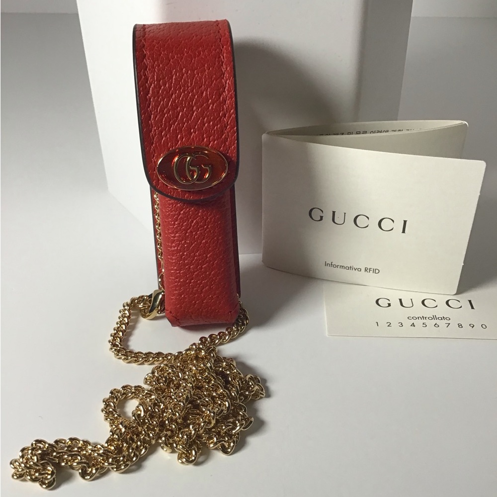 New Gucci  Necklace Lipstick holder on a chain -Red leather